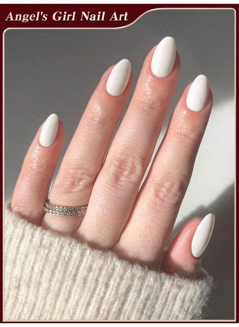 طقم أظافر ضغط قصيرة شكل بيضاوي 24 قطعة – لون بيج لامع مع فرنش أبيض + جيلي جل ومبرد - Image 1